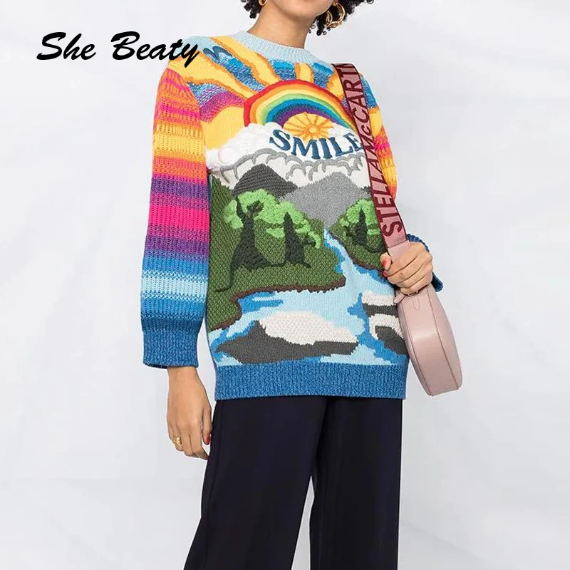

She Beaty Women Sweater 2021 Autumn Winter Vintage Rainbow Embroidery Letters Loose Casual High Street Sweet Jumper Knitted Tops