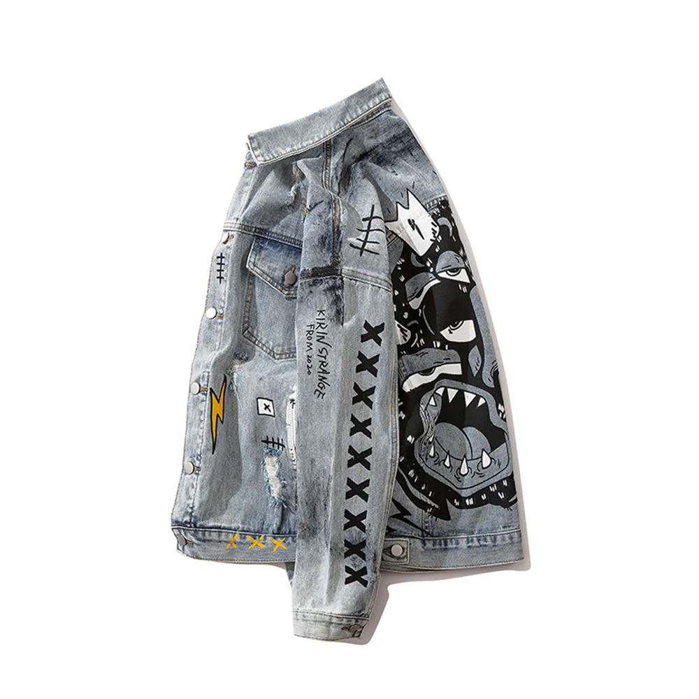 

Hip Hop Mens Harajuku Streetwear Denim Jacket Ripped Holes Loose Bomber Jacket Denim 2020 Autumn Washed Cotton Jacket Coat Jean