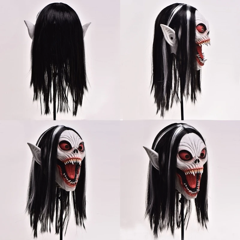

85LB Halloween Latex Cosplay Vampire Full Face Mask with Hair Wig Scary Toothy Horror Masquerade Head Cover Fancy Dress Party