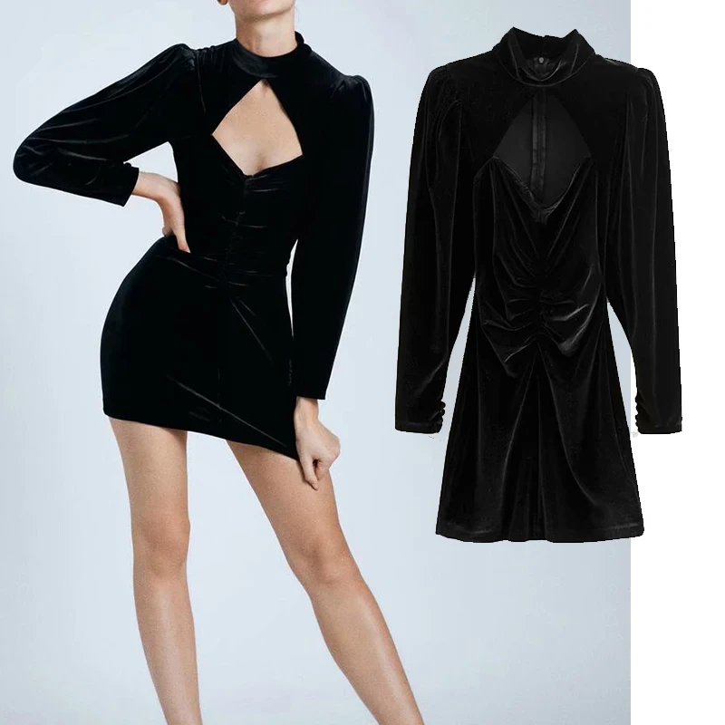 

ZA 2020 new Women velvet dress Turtleneck Hollow out mini long sleeves Women dress slim waist chic party dress mujer