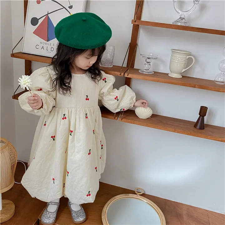 

2021 autumn Korean girls dress cute sweet cherry embroidered cotton kids dresses for 2-8Y children clothes