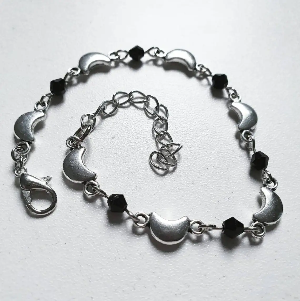 

Antique Silver Color Gothic Crescent Moon Black Glass Crystal Bracelet