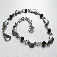 antique silver color gothic crescent moon black glass crystal bracelet
