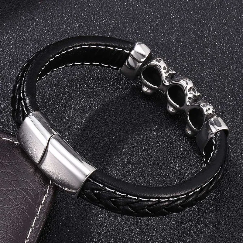 Personality Stainless Steel Leopard Head Accessories Black Leather Bracelets Men Woven Bracelet For Birthday Jewelry Gift PD0193 | Украшения
