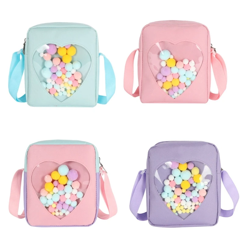 

63HC Square Crossbody Bags Clear Heart Canvas Shoulder Purses Lovely Messenger Bag
