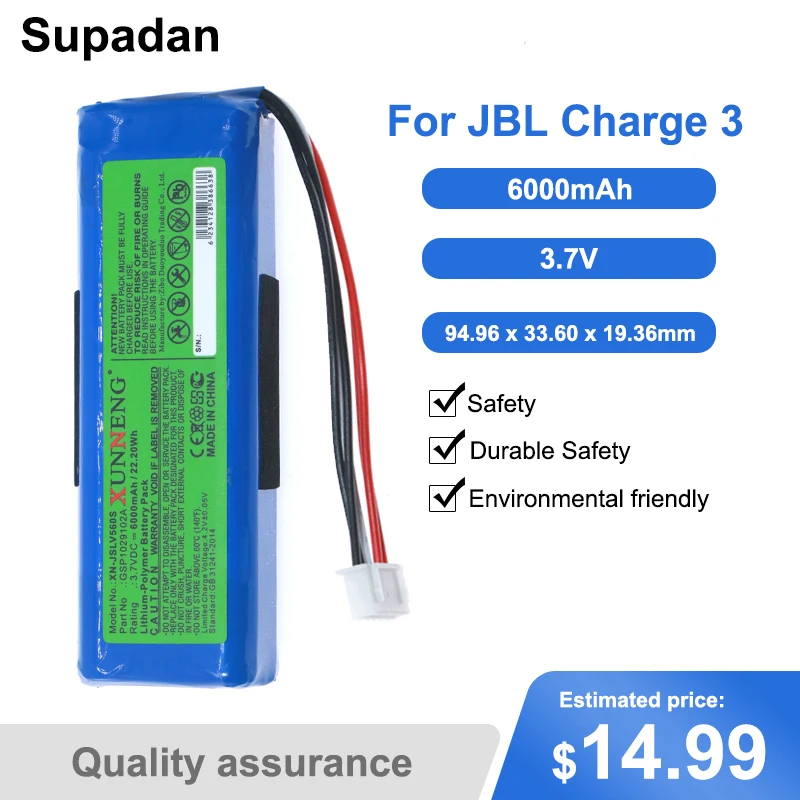 

Supadan 3.7V 6000mAh Battery Bateria GSP1029102A for JBL Charge 3
