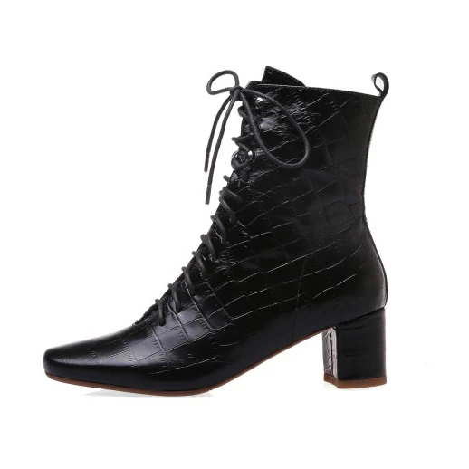 

Olomm New Arrival Women Leather Ankle Boots Square High Heel Boots Square Toe Elegant Black Blue Party Shoes Women US Size 4-10
