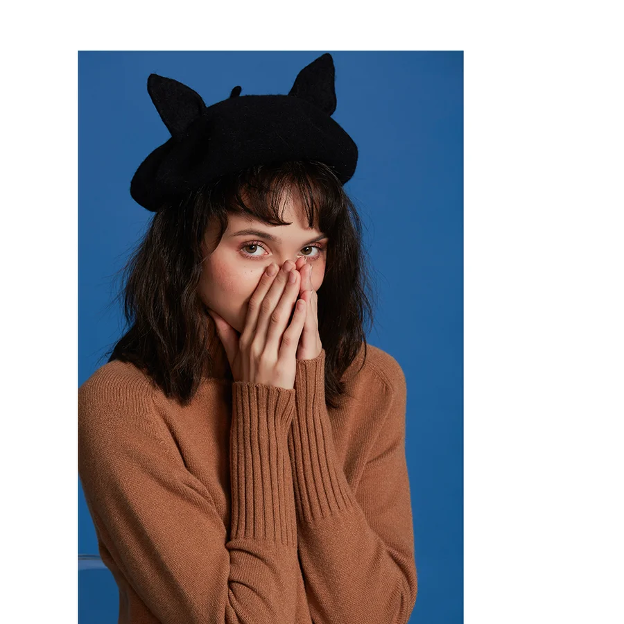 Черная шерстяная шапка ручной работы милые кошачьи ушки женские береты ручная