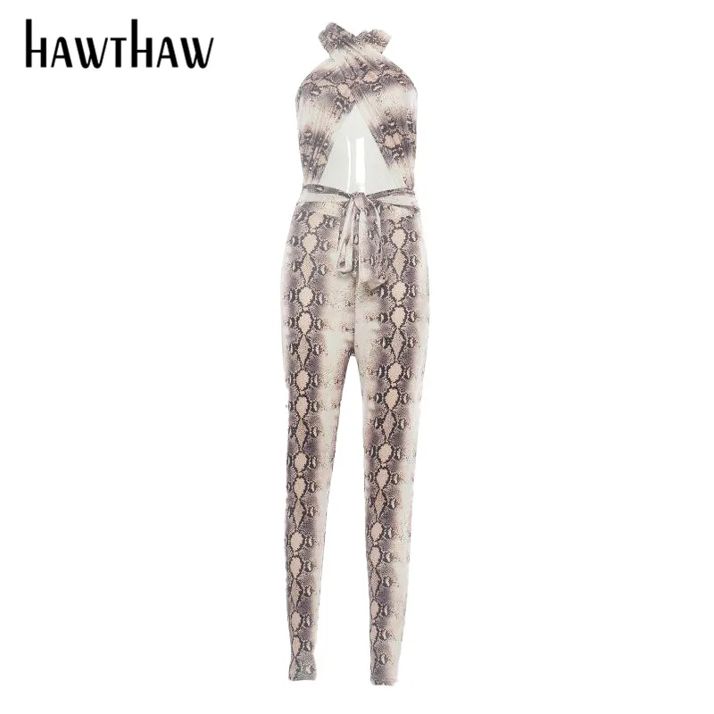 

Hawthaw Women Summer Snake Skin Printed Hollow Out Bodycon Halter Jumpsuit Romper Overall 2021 Female Clothing Streetwear