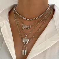 hip hop multi layer angel letter lock pendant necklace for women silver color heart crystal tennis chain necklace trendy jewelry