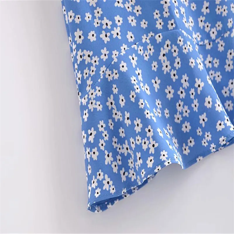

Za Women Summer Print Blue Dress 2021 Sleeveless Straps Backless Sexy Sundress Woman Fashion Side Zip Ruffle Hem Mini Dresses
