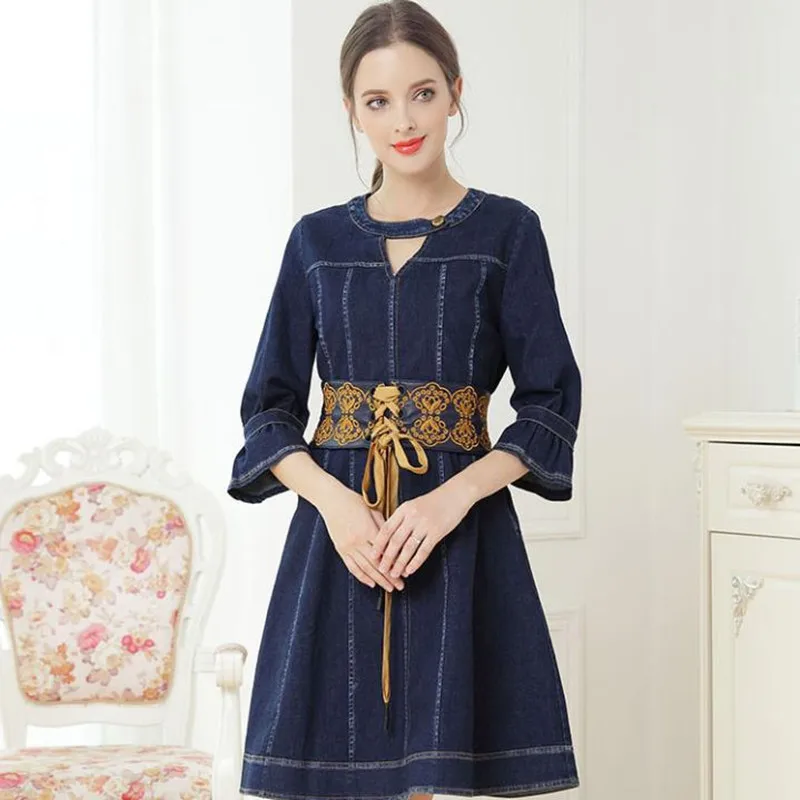 

new hollow V-neck lace denim dress slim women dress