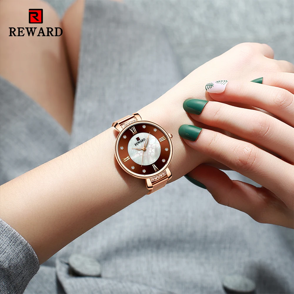 

REWARD 2021 Fashion Luxury Womens Watch Rhinestone Steel Mesh Strap Quartz Wrist Watch Women Casual Waterproof Watches reloj muj