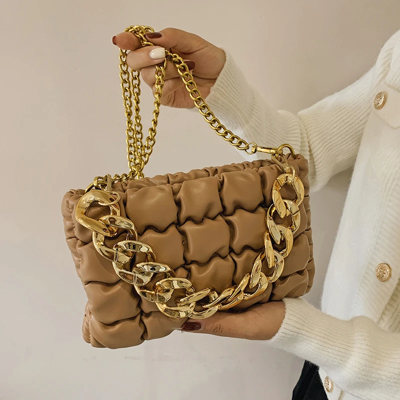 

New fashion solid color heavy metal chain bag messenger handbag lady casual shoulder bag lady retro small square bag handbag