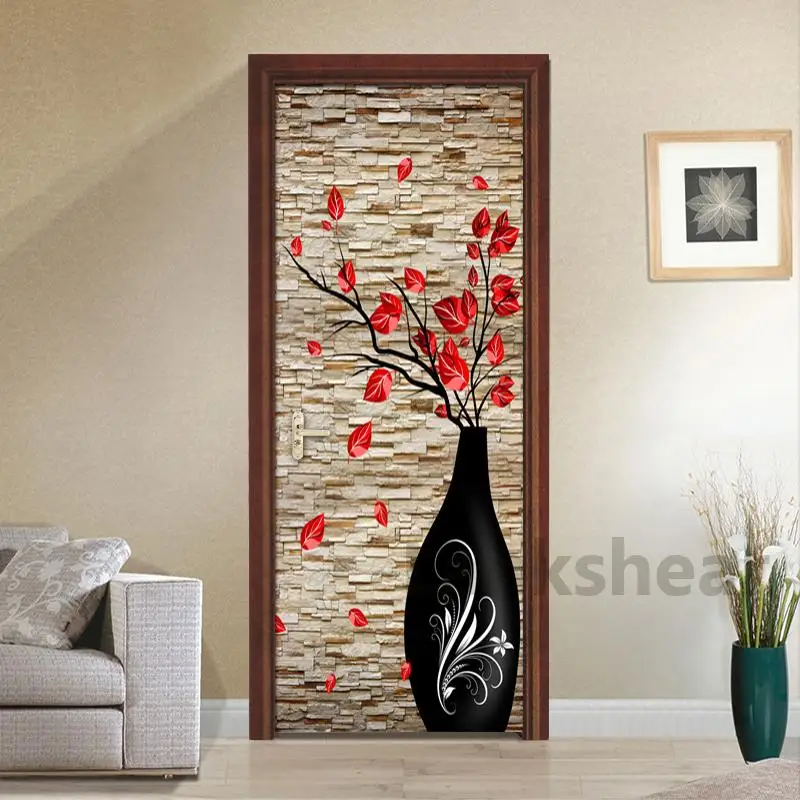 

3D Stereo Vase Flower Brick Wall Wallpaper Living Room Bedroom Door Decoration Mural Sticker PVC Waterproof Self-adhesive Paper