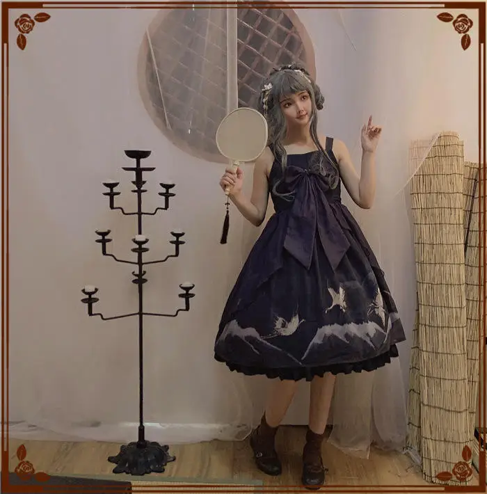 Yuan Shan He Chinese Style Hanfu Dress Lolita JSK Sleeveless Dress Chiffon Big Bow Cute Fairy Kei Vintage Navy Blue