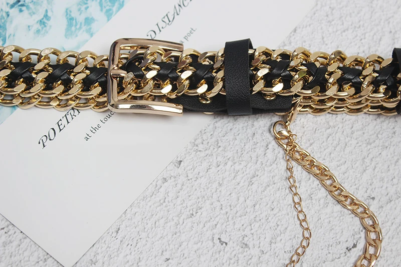 

Black Pu Leather Metal Chain Stitch Long Belt Personality Women New Fashion Tide All-match Spring Autumn 2021 1DC310