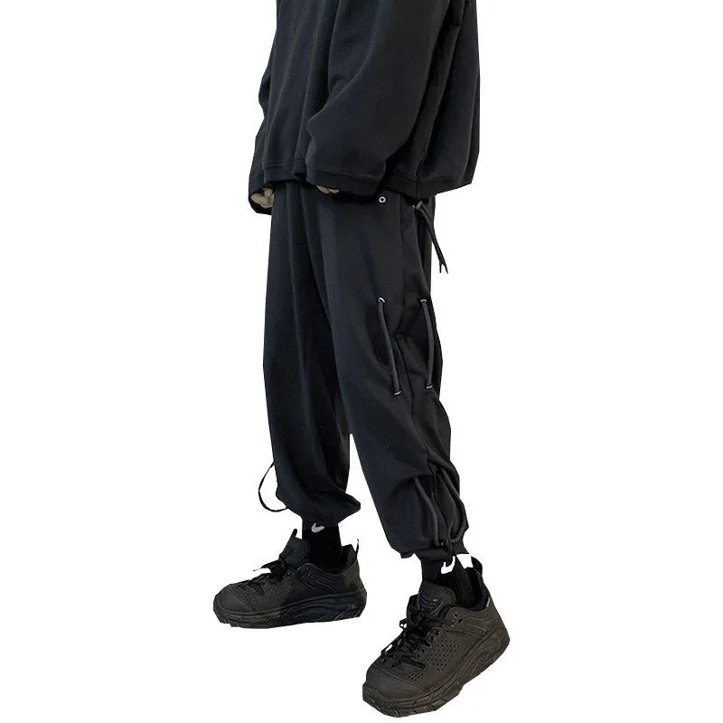 

Dark black men's pants trend versatile autumn casual pants loose wide leg drawstring Leggings