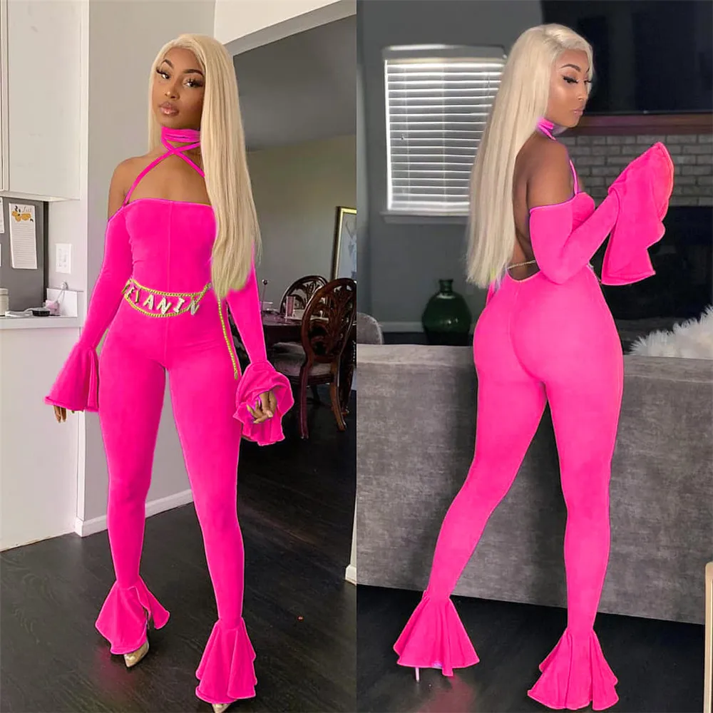 Off Shoulder Halter Jumpsuit Women Sexy Strapless Flare Sleeve Bodycon Romper Backless Night Club Overalls Bodysuits Combinaison