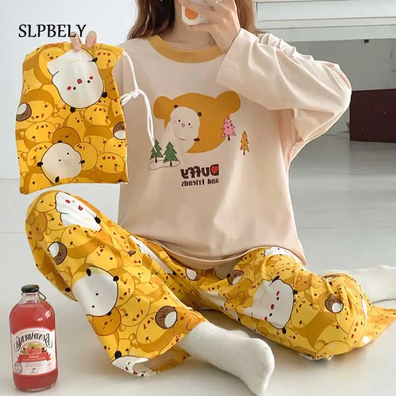 

SLPBELY 3pcs Women Nightwear Pajamas Set Cartoon Bear Long Sleeve Sleepwear Homewear Pyjamas Kawaii Home Service Mujer Pijama