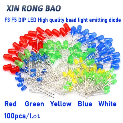 100PCS F3 F5 LED Green Red Yellow Blue White Yellow Super bright DIP 5MM 3MM High quality bead light emitting diode