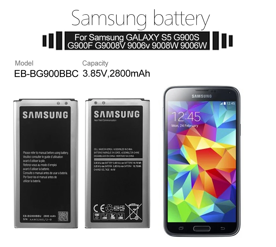 

Original Samsung Battery EB-BG900BBU EB-BG900BBC 2800mAh For Samsung S5 G900S G900F G900M G9008V 9006V 9008W 9006W G900FD NFC