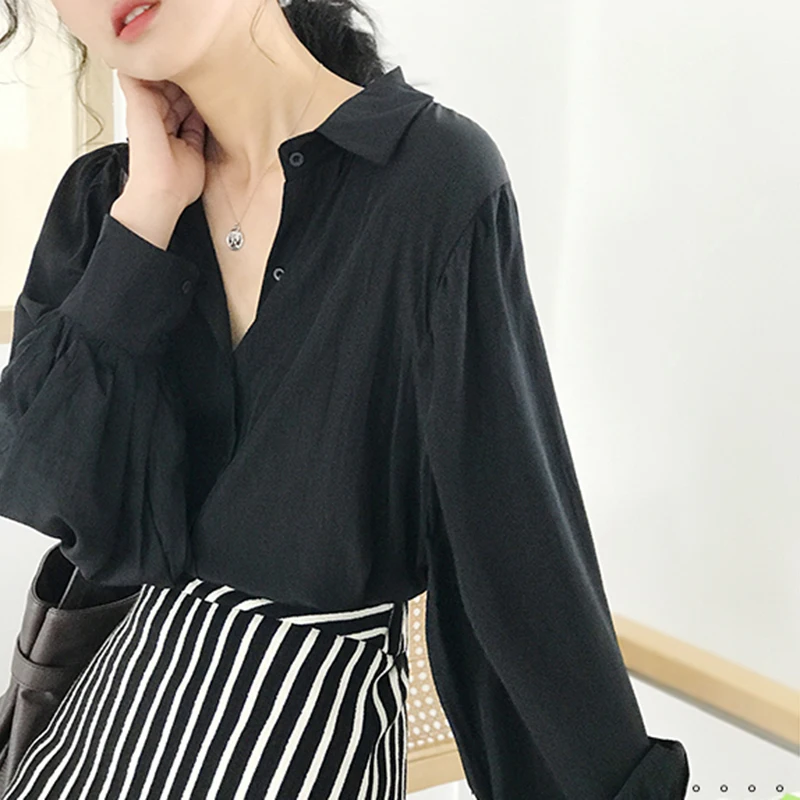 

Spring Summer Korea Fashion Women Loose Lantern Sleeve White Shirts Silk Quality Turn-down Collar Casual Blouse Female Tops S452