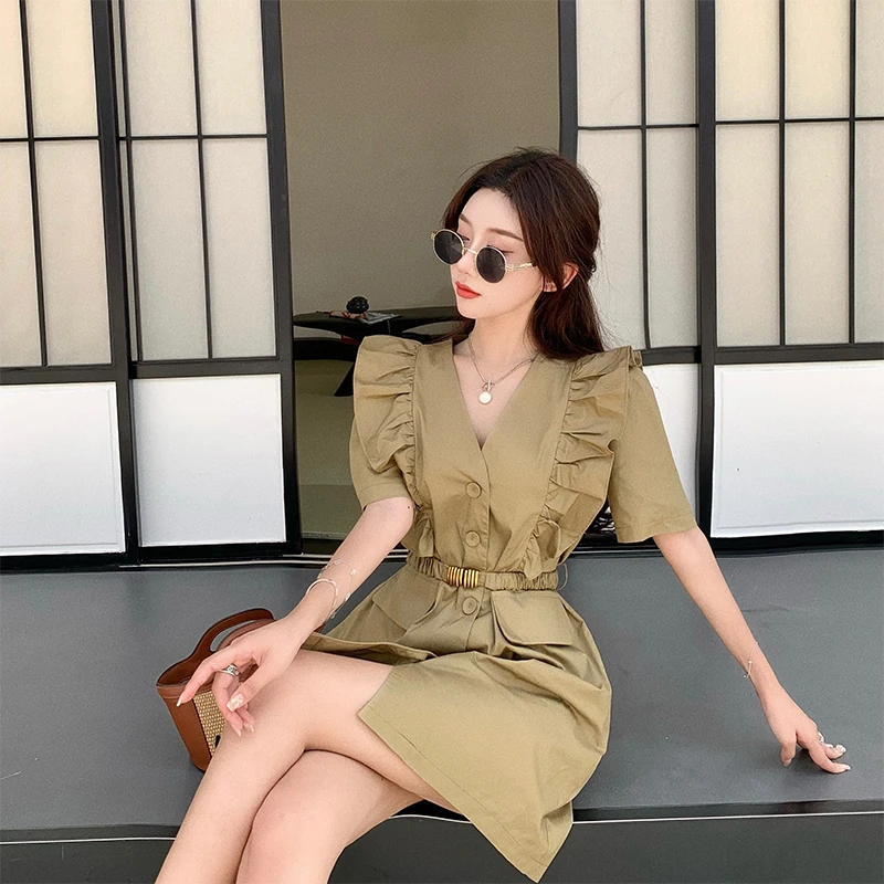 

Kimotimo Dresses for Women 2021 Summer V-neck Waist Lace Design Temperament Short Sleeve Mini Suit Dress Korean Elegant Fashion