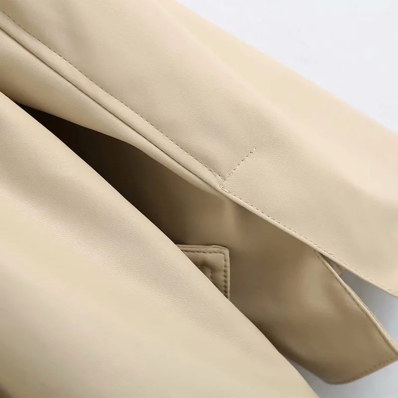 

Retro Long Sleeve Lapel Women's Fashion With Belt Artificial Leather Coat Chic Side Split Simple PU Tops Female