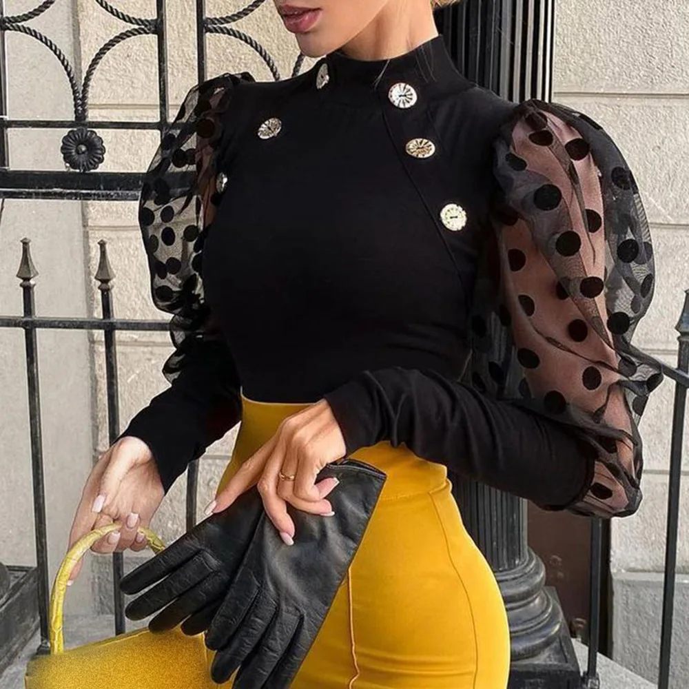 

Autumn 2021 New Women Blouse Fashion Temperament Half High Collar Puff Sleeve Metal Button Wave Point Net Yarn Splicing Tops