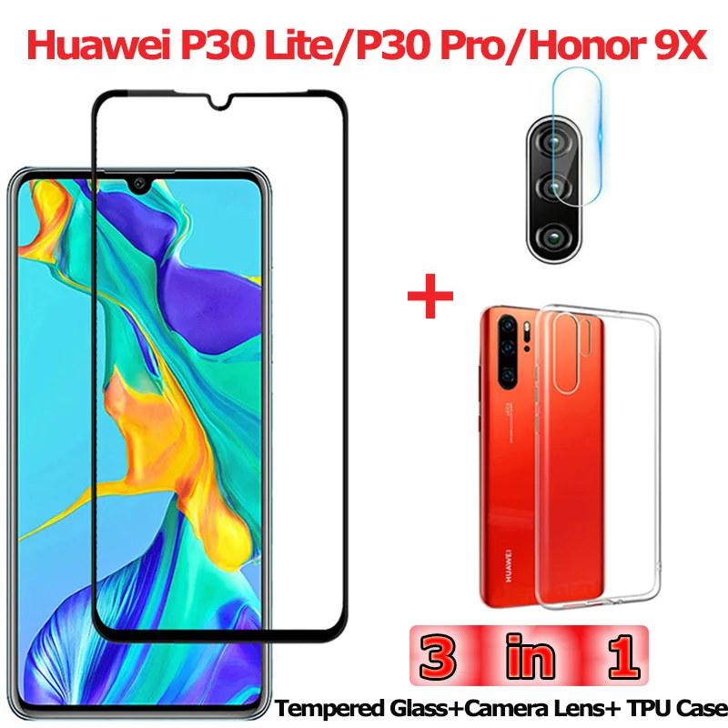 3 в 1 закаленное cтекло Huawei P30 Lite Pro Honor 9X kамера P30Pro защитное стекло хонор 9икс хуавей