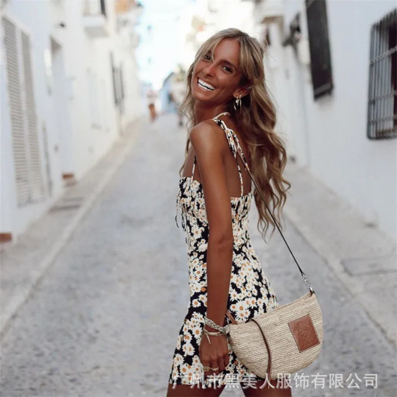 

Elegant Sexy Casual Women Print Dress Summer 2020 Spaghetti Straps Slim Backless Mini Dress