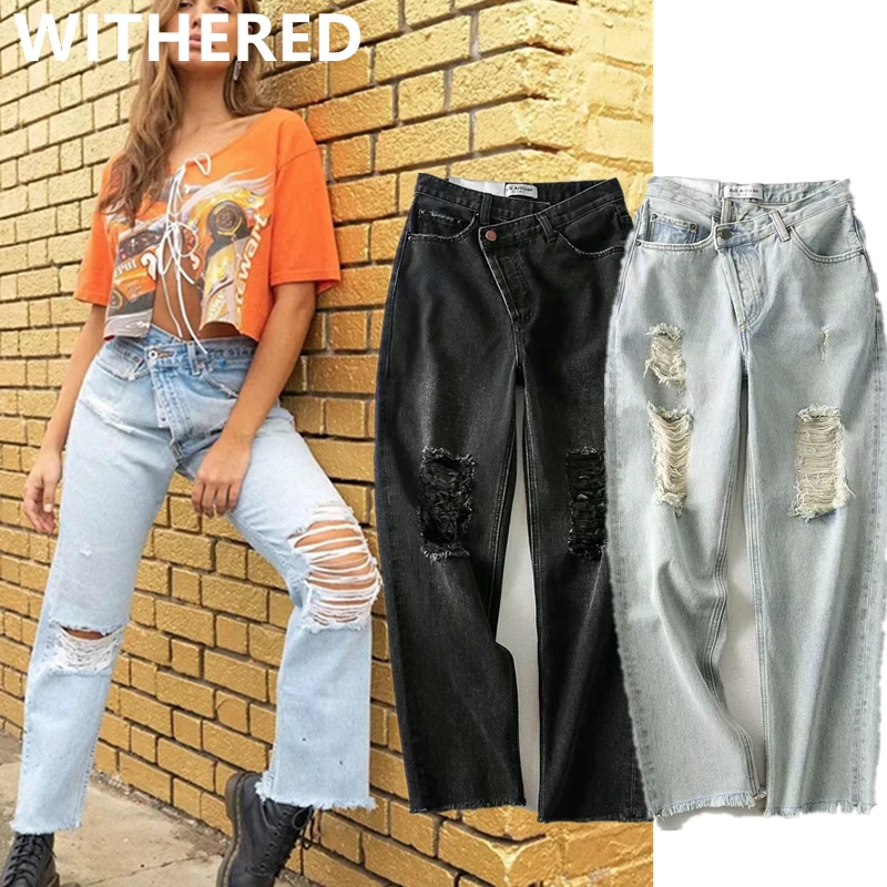 

Jenny&Dave women loose boyfriend jeans mom jeans woman ins fashion blogger Irregular waist high waist jeans hole ripped for