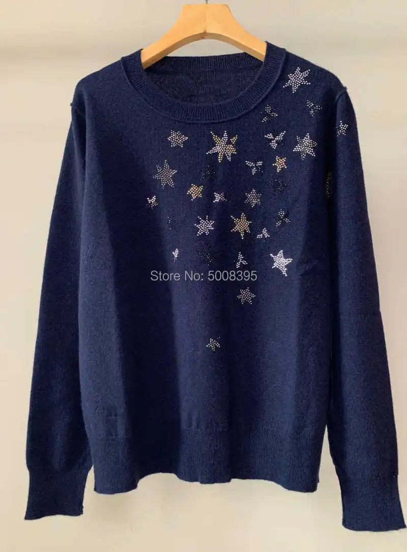 

2021 Autumn Winter NEW Woman Cashmere Sweater Stars Strass Front Long Sleeves Knitwear