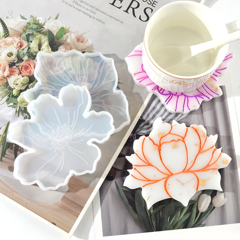 4 Style Flower Shape Coaster Molde De Resina Fruit Cup Resine Epoxy Mold Tea Coffee Mat Casting Resin Moulds For Kit Craft Tool