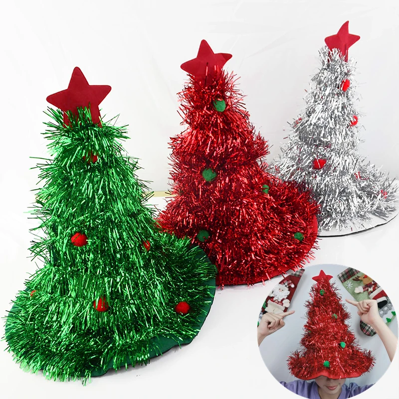 Шапка для рождественской елки красная зеленая серебристая забавная мишура