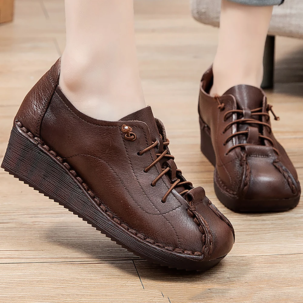 

Genuine Leather Wedge Pumps For Women 2021 Spring Retro Sneakers Lady Flat Shoes Lace Up Loafers Female Sewing Casual Footwear