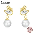 Женские серьги-подвески bamoer Geniune из стерлингового серебра 925 пробы с блестящим лебедем и жемчугом в виде ракушки, вечерние ювелирные изделия в Корейском стиле