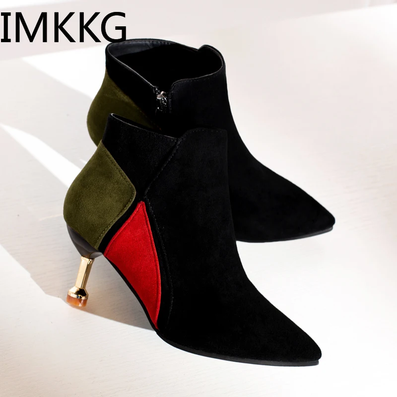 Женские ботинки новые зимние ботильоны с острым носком на молнии высоком каблуке