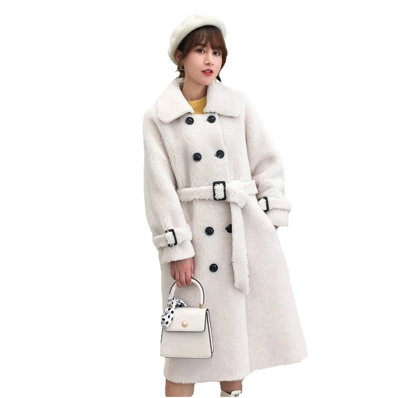 New Winter Sheep Shearing Overcoat Female Outwear Lapel Belt Granule Wool Nine-Sleeve Thick Belt Warm Long Parka Woman