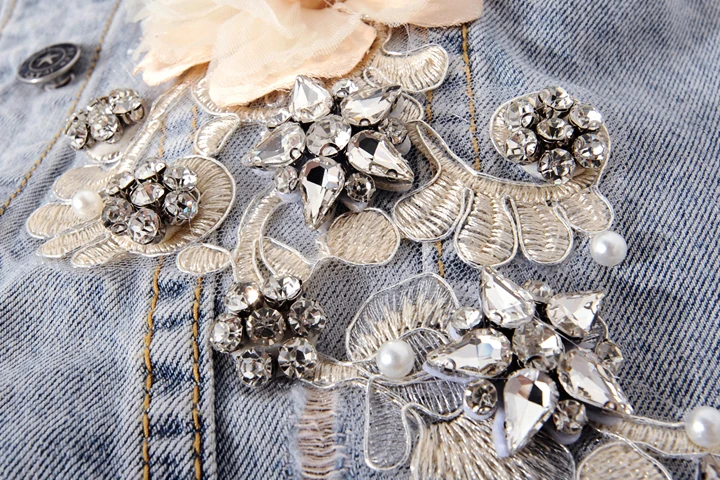

Korea Slim-Fit Diamond-Embedded Flower Denim Jacket Fashion Printed Long-Sleeved Jacket Women's 2021 Streetwear Vintage Coat