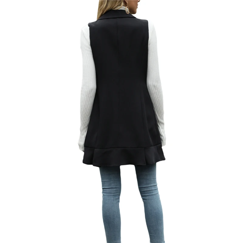 

New Hot Sale Fashion Solid Color Women Long Vest, Lapel Collar Buttoned Sleeveless Vest with Pockets for Autumn Winter Wholesale