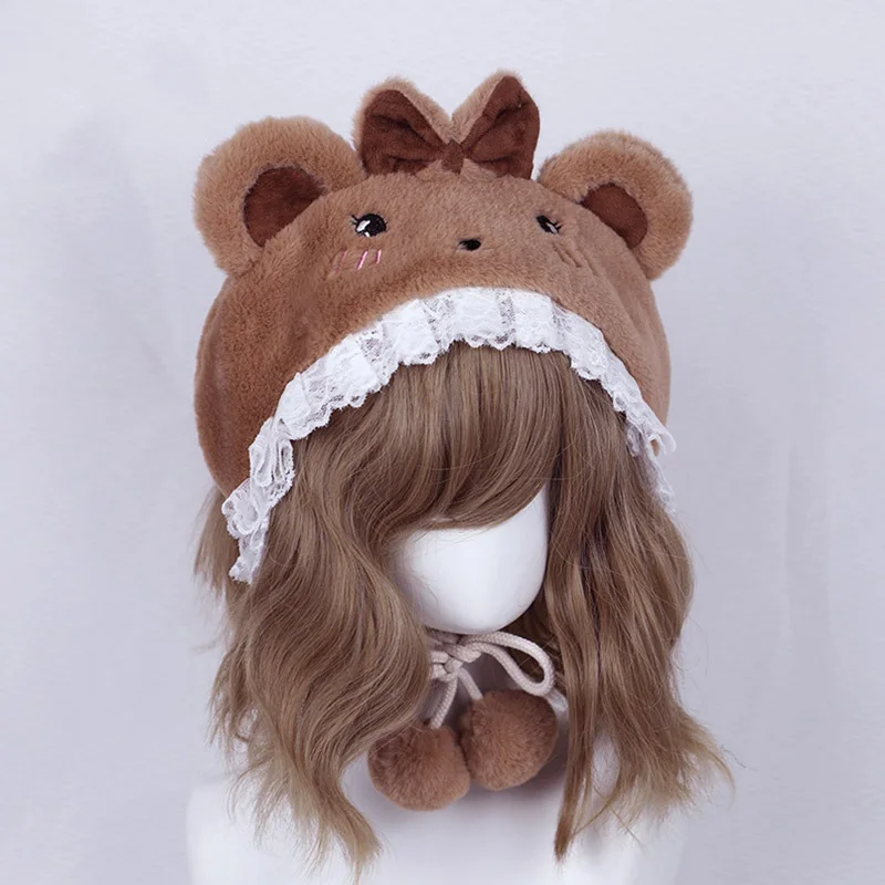 Мягкая Милая Кружевная милая плюшевая теплая шапка в стиле &quotЛолита&quot с ушками