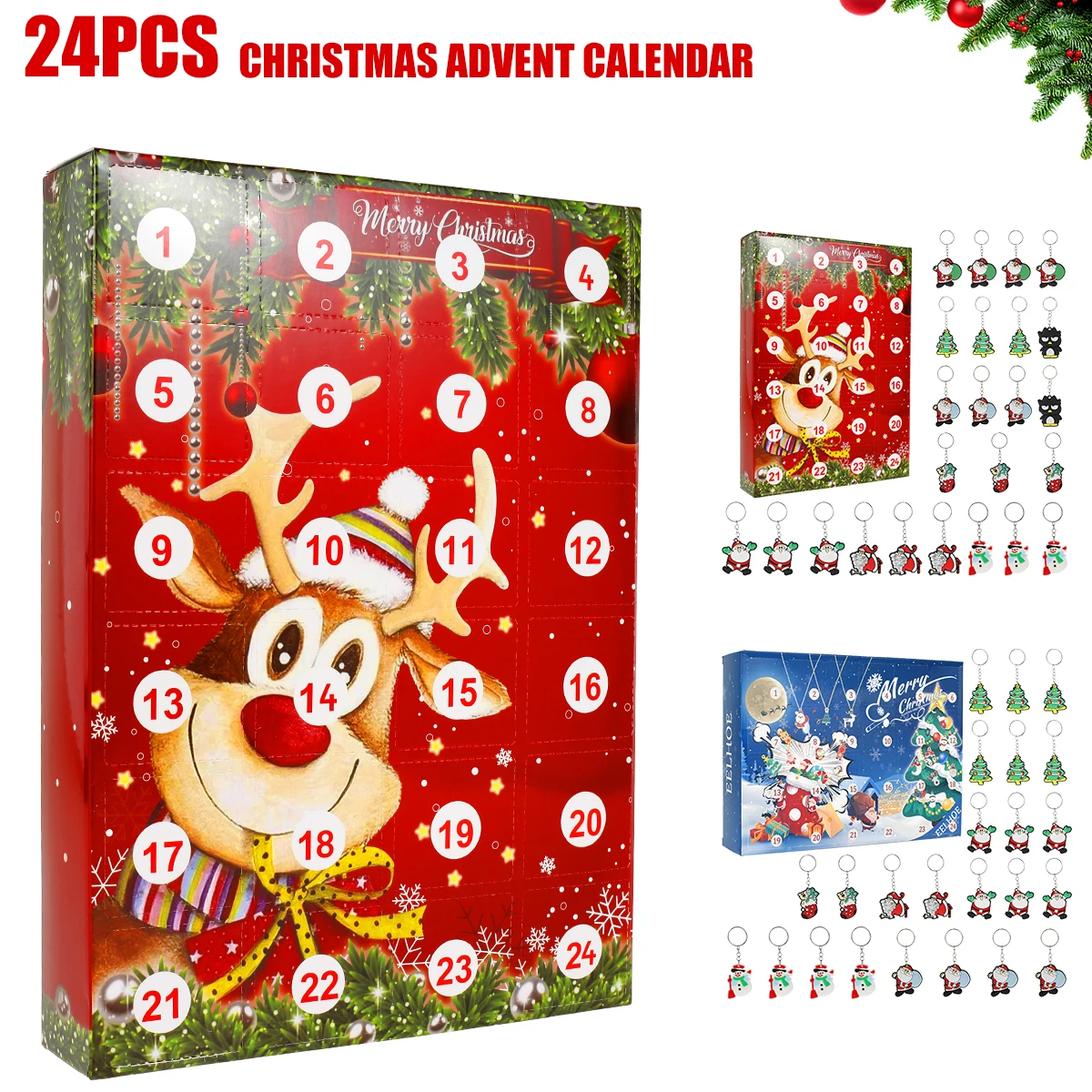

Christmas Countdown Calendar 24 Days Countdown DIY Gift BoxKit with 24 Christmas Theme Pendant Keychain