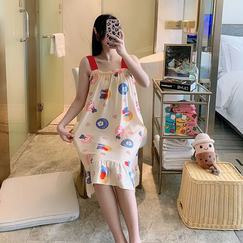 

Nightgowns Women Strappy Ruffles Printed Sleeveless Sleep-shirts Soft Comfortable Lovely Girls Trendy Leisure Nightwear Dress