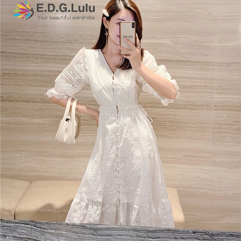 

EDGLuLu 2021 Fashion V-neck Single-breasted Short Sleeve Midi Dress Elegant Hollow Embroidery Print White Lace Long Dress 0630