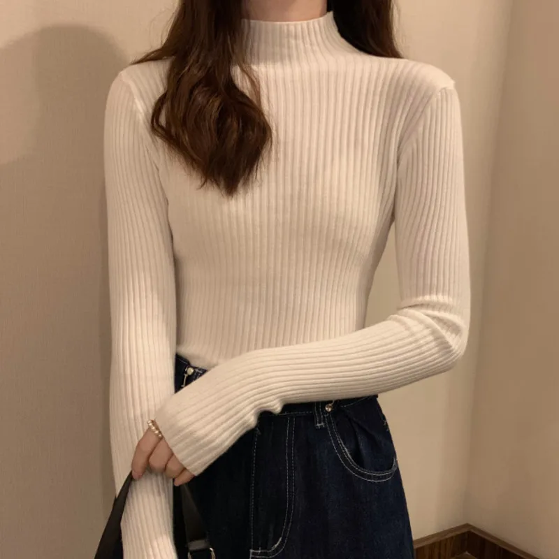 Белый базовый свитер 2021 пуловер женский зимний облегающий и тонкий Топ с длинным