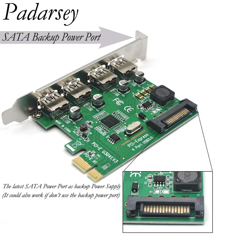 Карта расширения PCI-E до USB 3.0 4 порта PCI Express (PCIe Card) Superspeed с питанием 15-Pin.