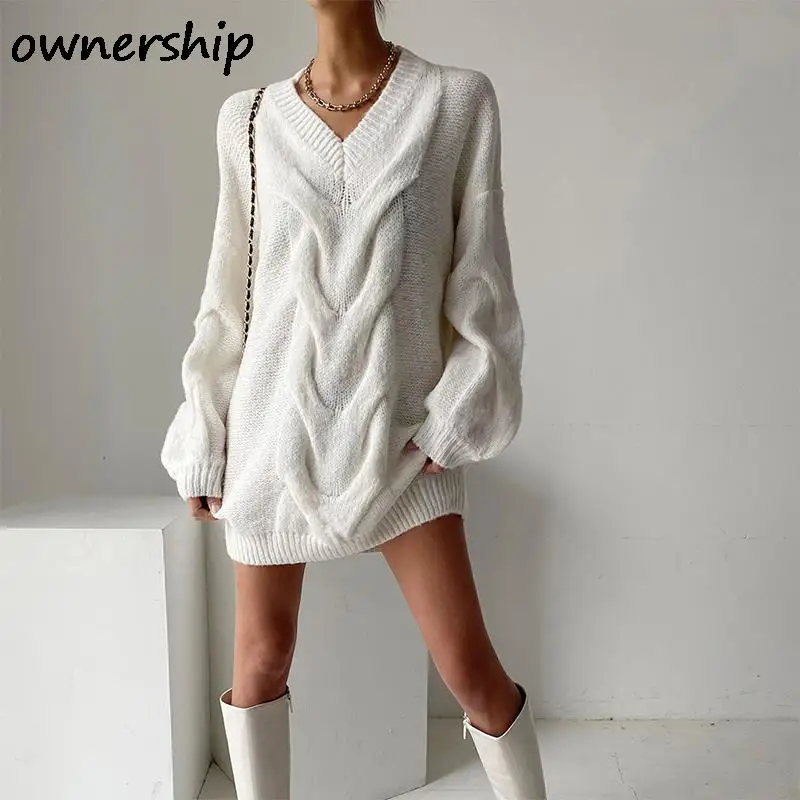 

Autumn Winter Knit Ribbed Women Oversized Dress Fashion V Neck Loose Lantern Long Sleeve Sweater Dresses Casual Mini Vestidos
