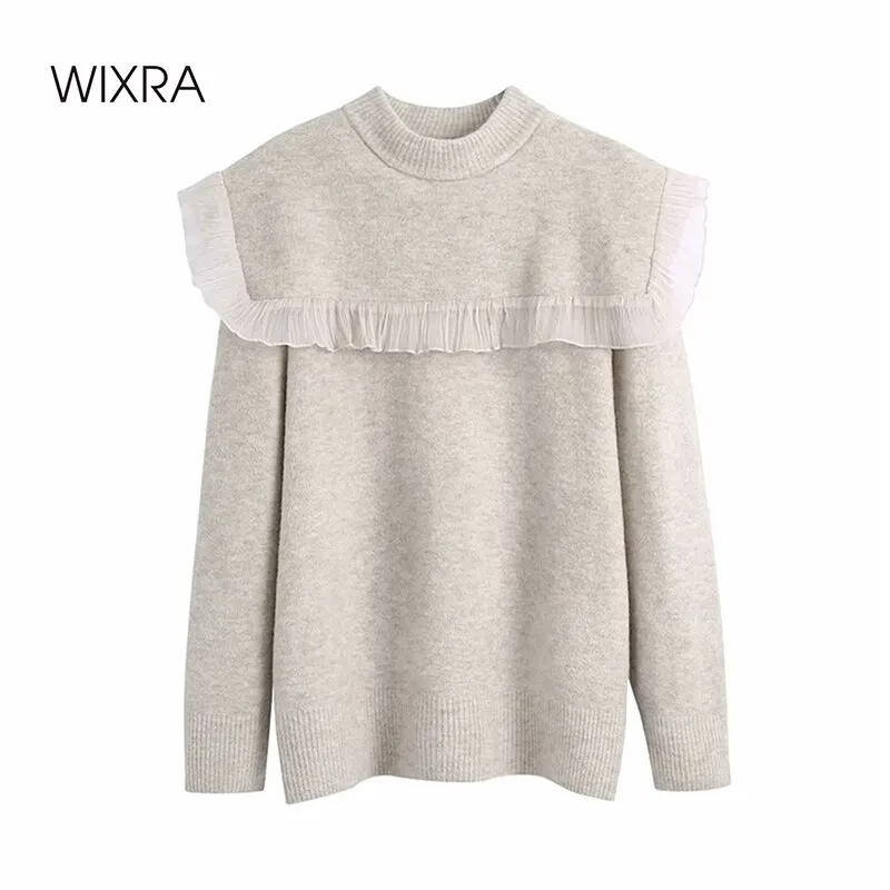 

Wixra Mesh Patchwork Sweater Autumn Winter Solid Long Sleeve Ladies Knitted Women's Jumpers And Pullovers